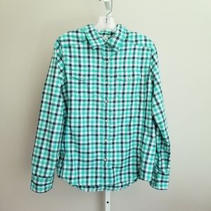 North Face Snap Up Blue and Green Flannel. Size L.